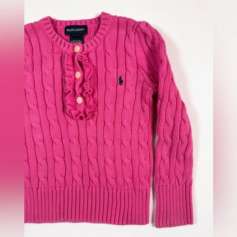 RALPH LAUREN Girls Cable Knit Sweater Ruffle‎ Button Front Size 4 Preppy Classic